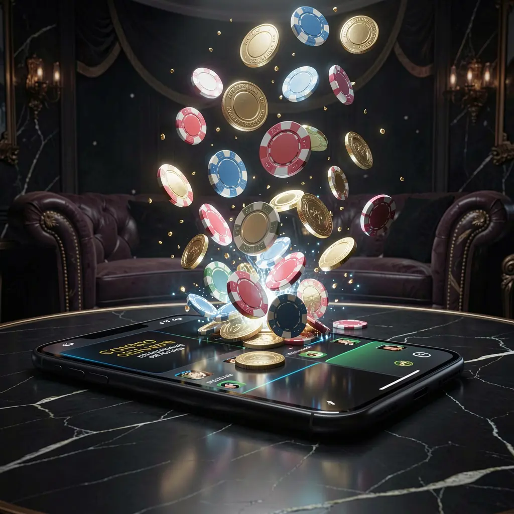 RAVON78 online gaming app displayed on a smartphone screen glowing with casino chips and coins emerging, set against a luxury dark background with cinematic lighting in a high detail 3D render
