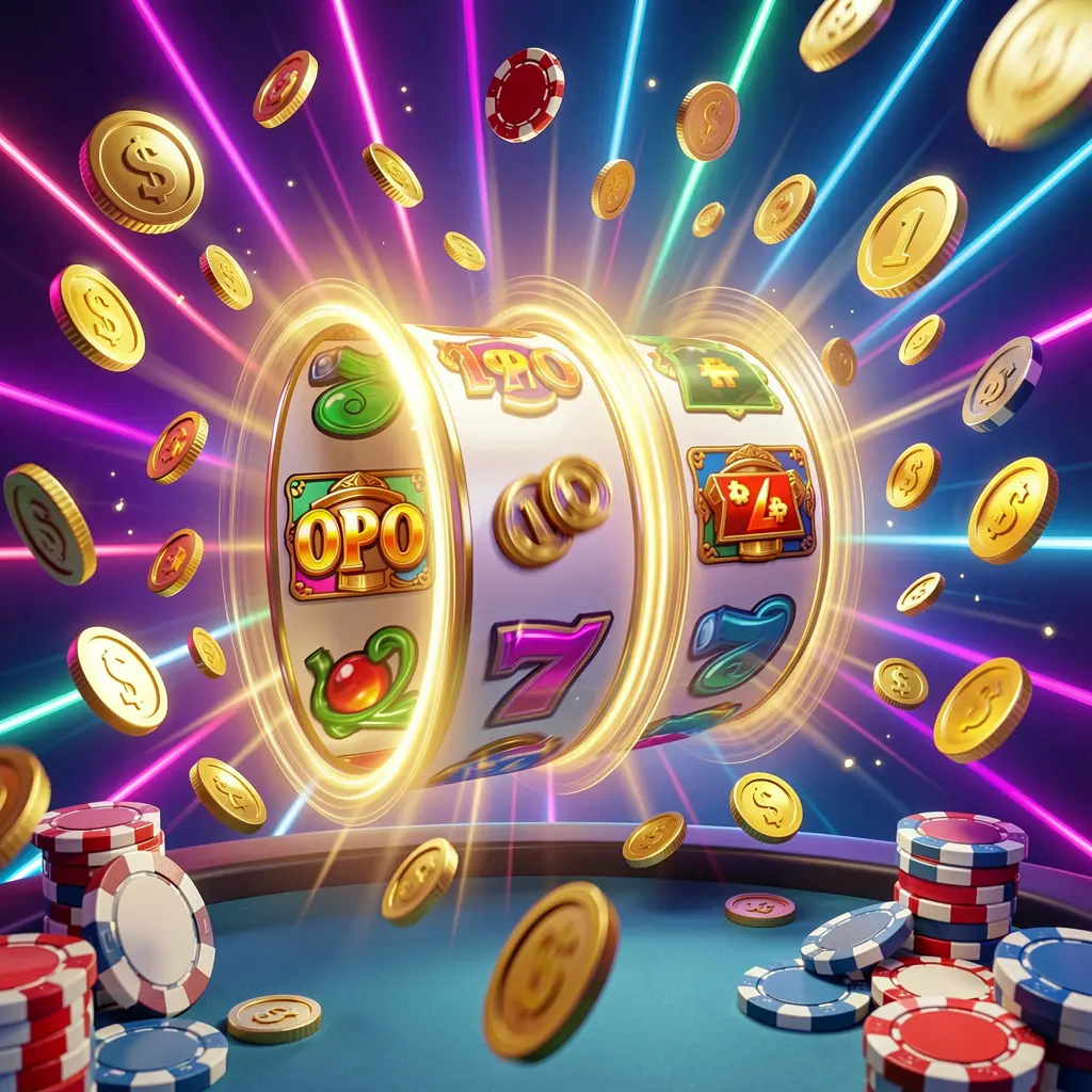 RAVON78 free spins bonus concept showing colorful slot machine reels spinning with golden light effects, coins flying around, jackpot symbols, and casino chips on a vibrant neon background in a dynamic motion 3D render