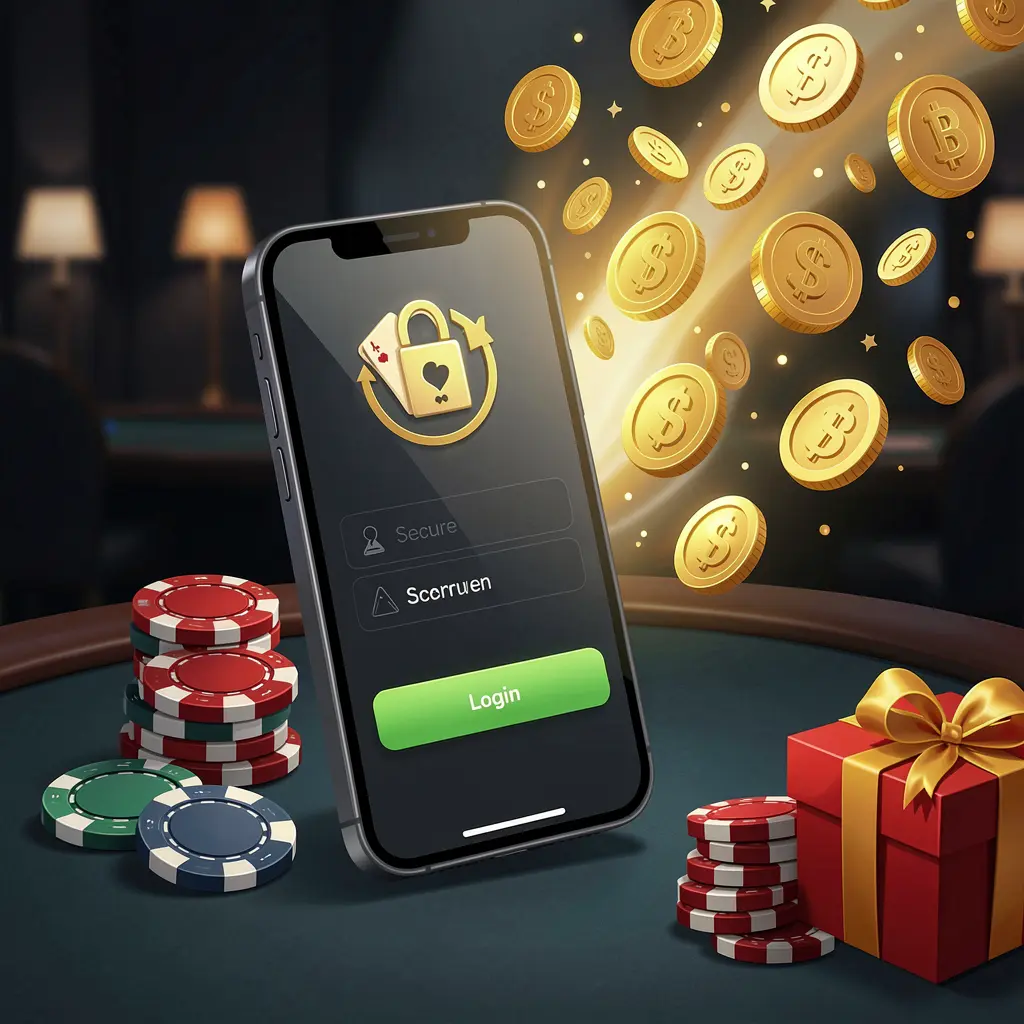 RAVON78 casino user login illustration showing a phone with a secure access icon, golden coins bursting from the screen, poker chips and a gift box nearby on a dark premium background