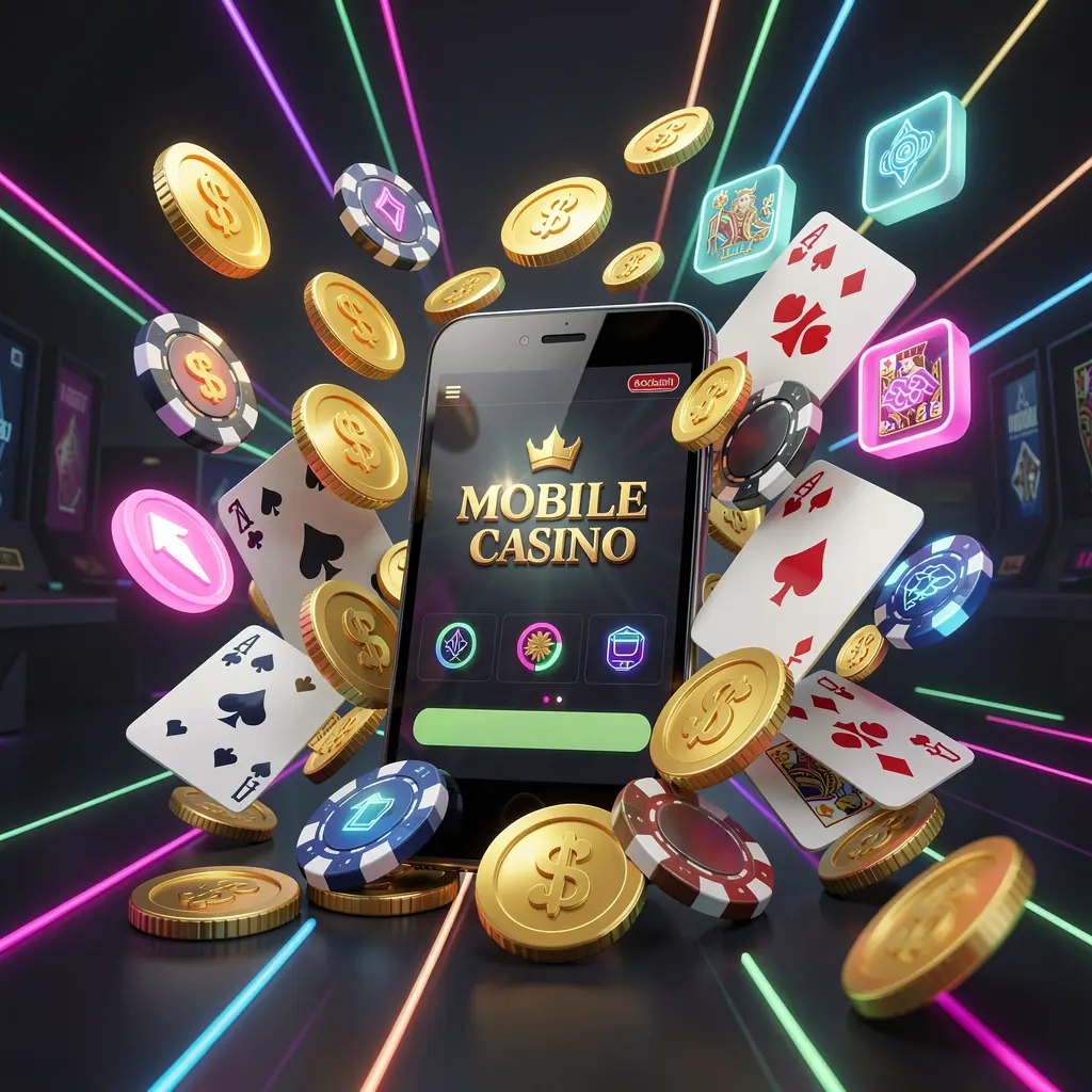 RAVON78 mobile casino homepage concept featuring a smartphone surrounded by golden coins, chips, cards, and glowing icons on a modern dark background with neon accents